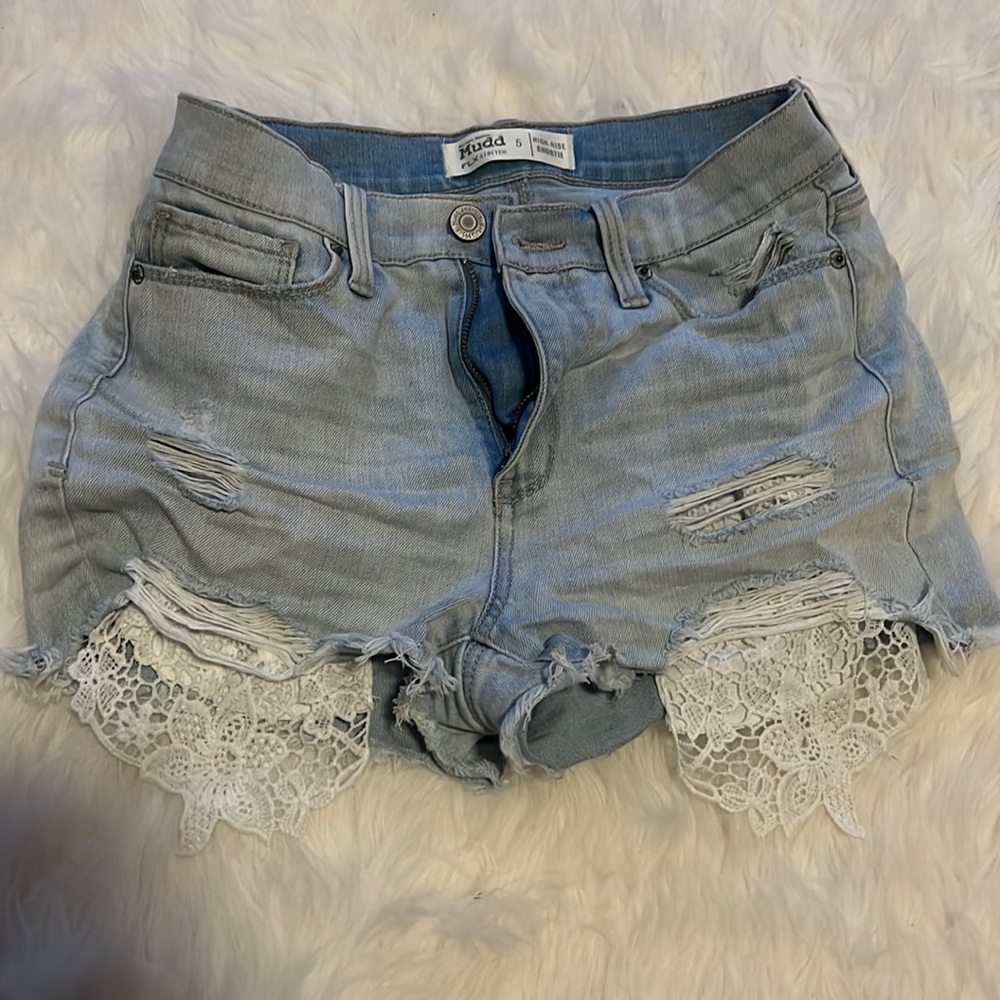 size 5, high rise jean shorts, Mudd FLX stretch